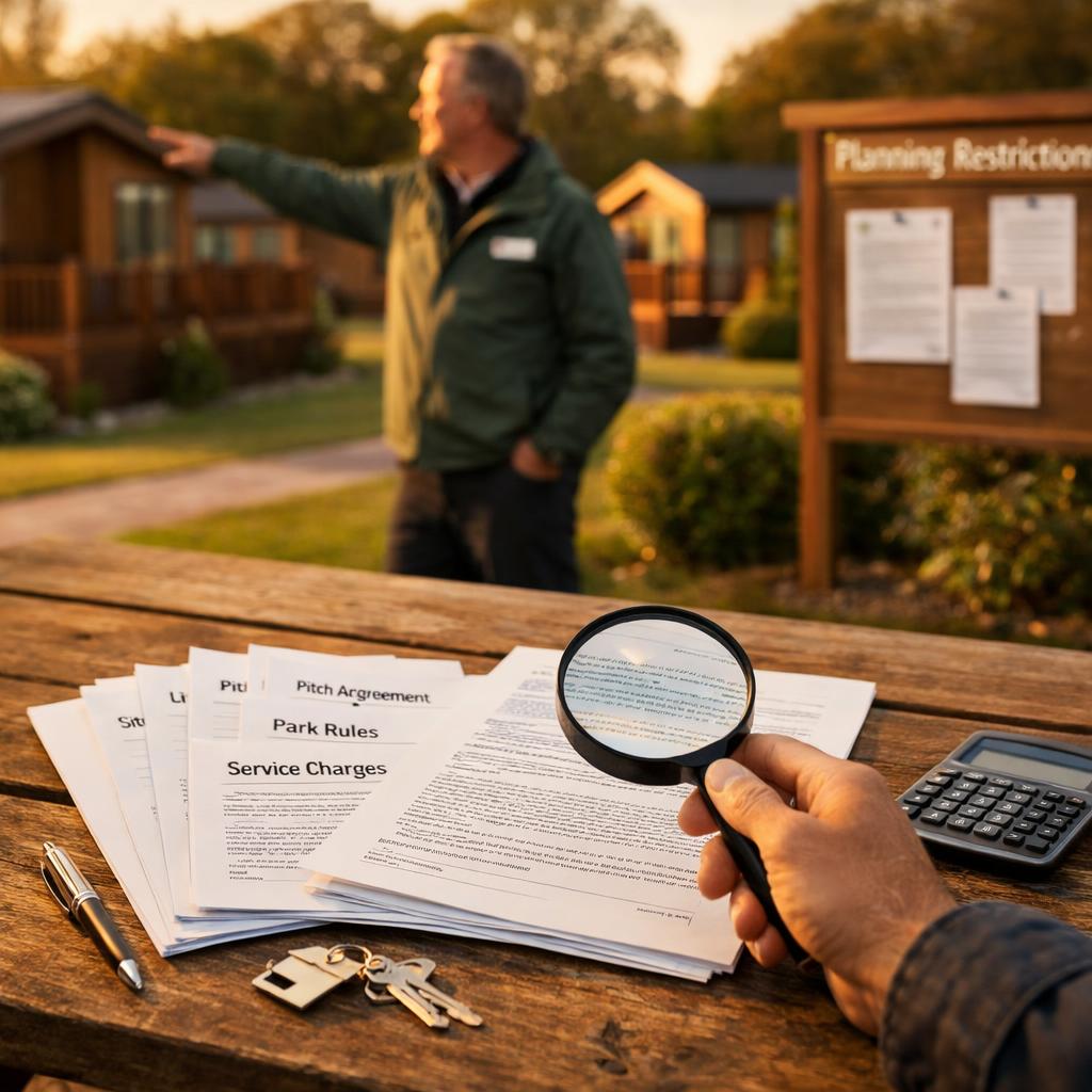 Buyer reviewing pitch agreement outside luxury lodge