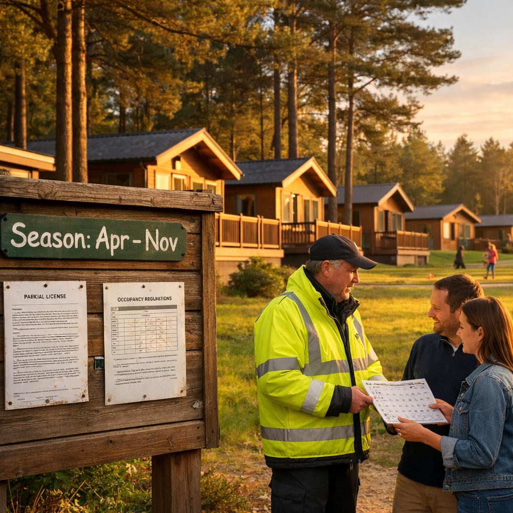 Holiday lodges with season sign and noticeboard