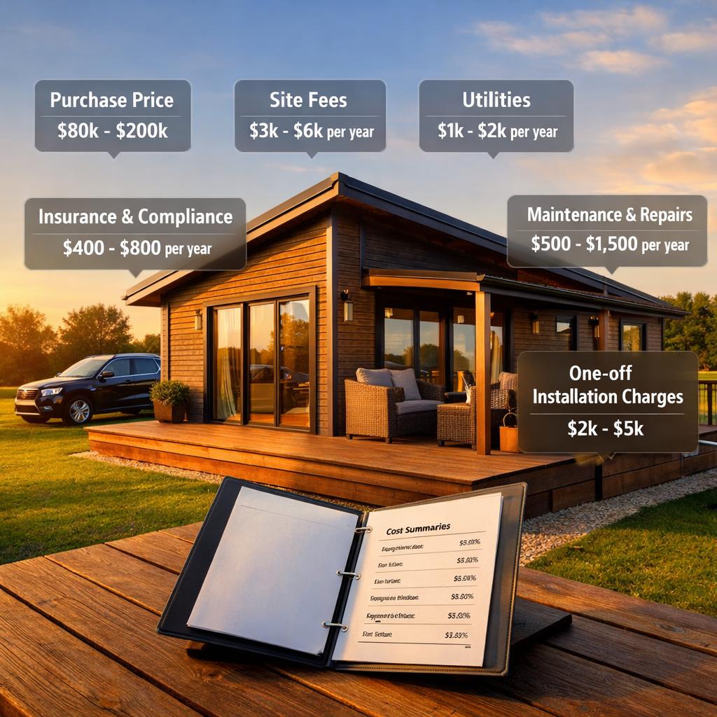 Timber lodge with six cost labels