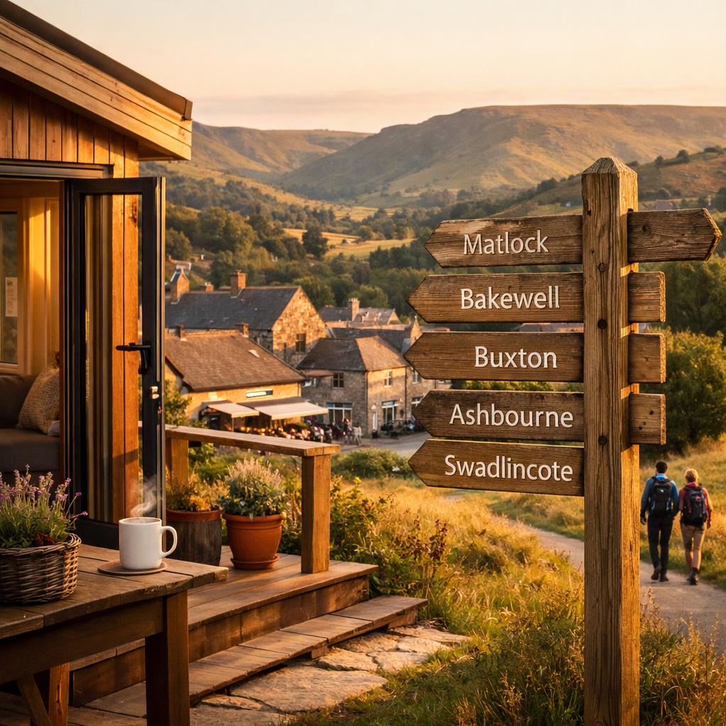 Timber lodge with Peak District and town signpost