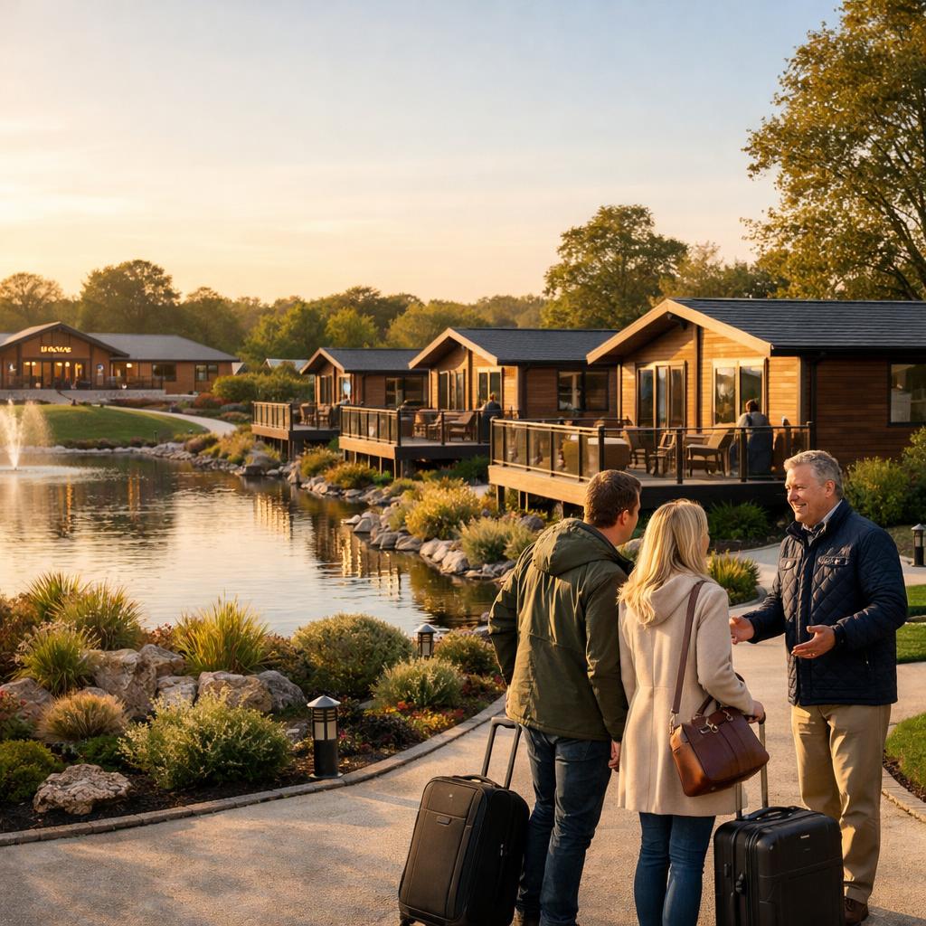 Manicured luxury lodge park with lake and spa