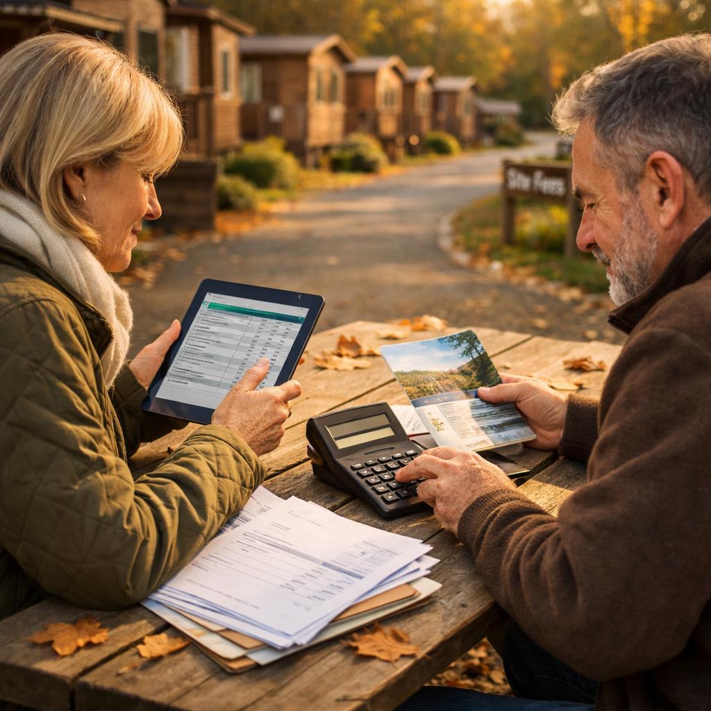 Couple reviewing lodge invoices outside a lodge