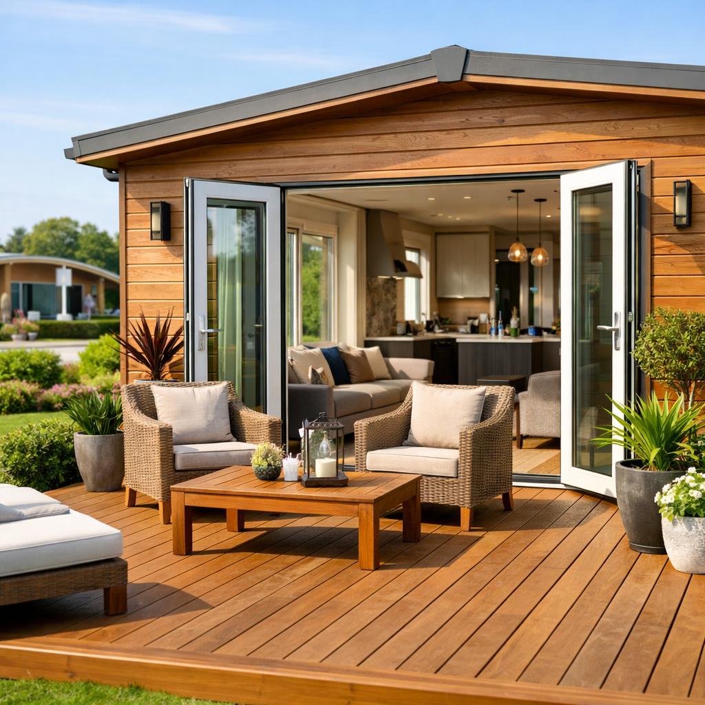 Timber luxury lodge with deck and spa view