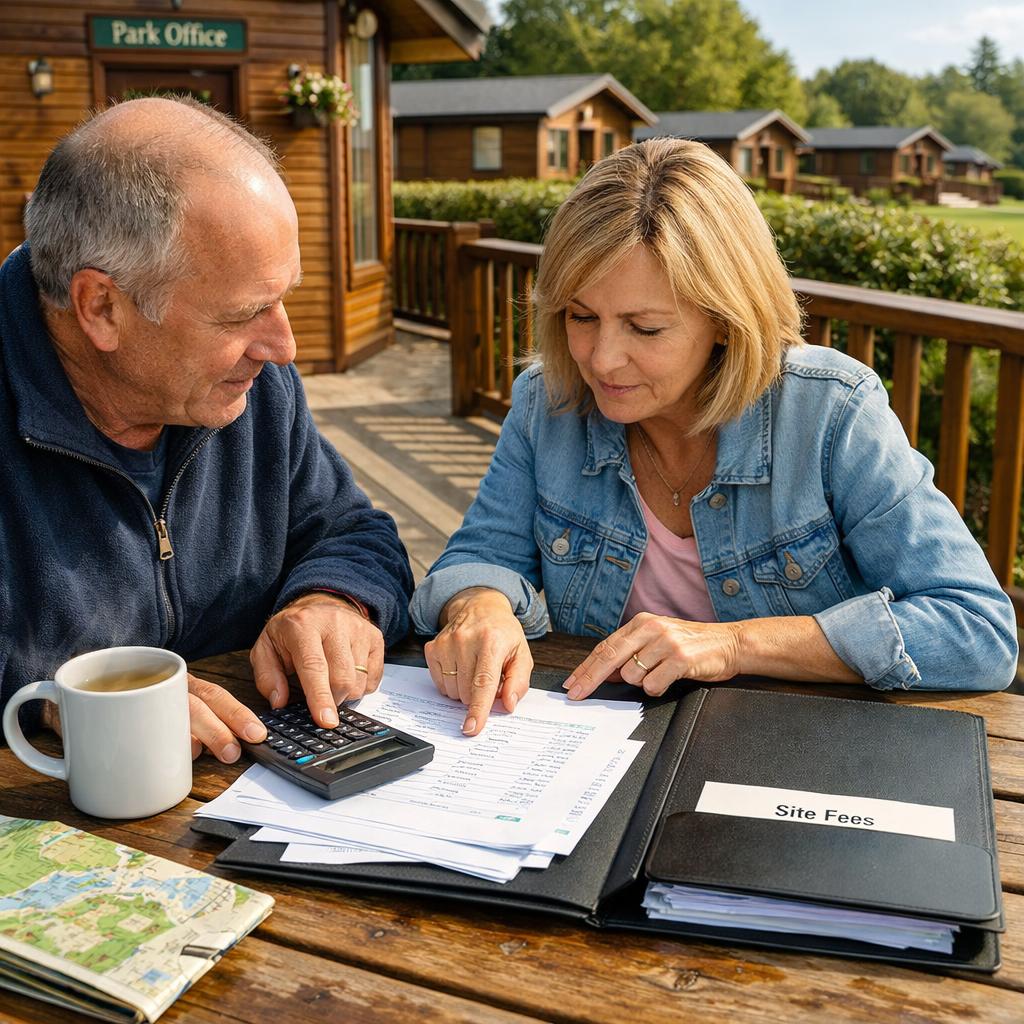 Couple reviewing lodge bills outside wooden lodge