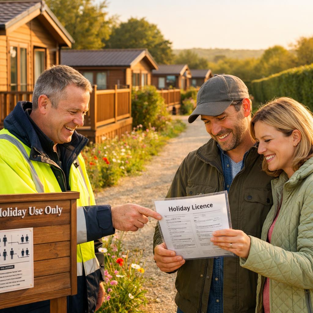 Couple reviewing holiday licence with park warden