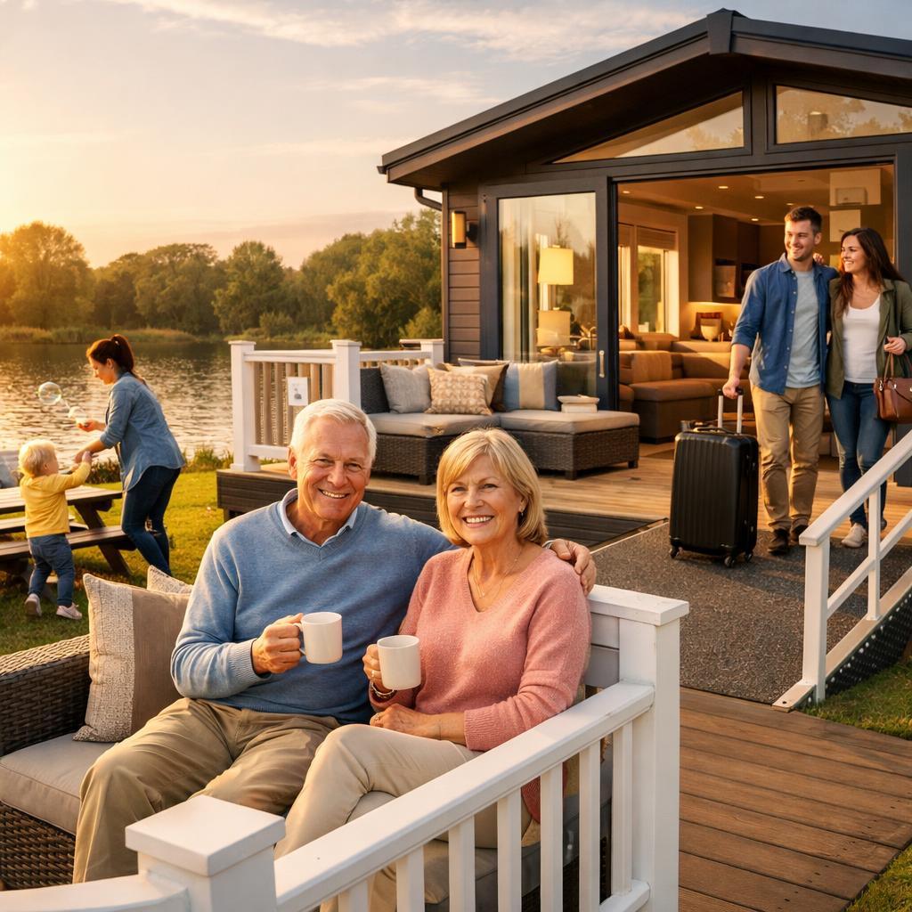 Retirees, family, couple at luxury holiday homes UK