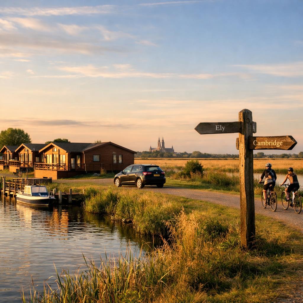 Lodges beside River Great Ouse with signpost