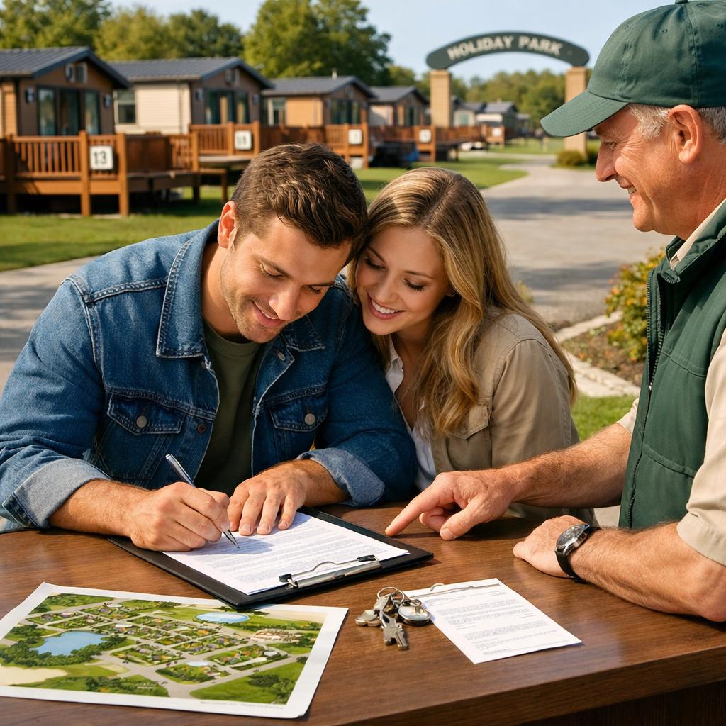 Couple signing lodge purchase contract at park office