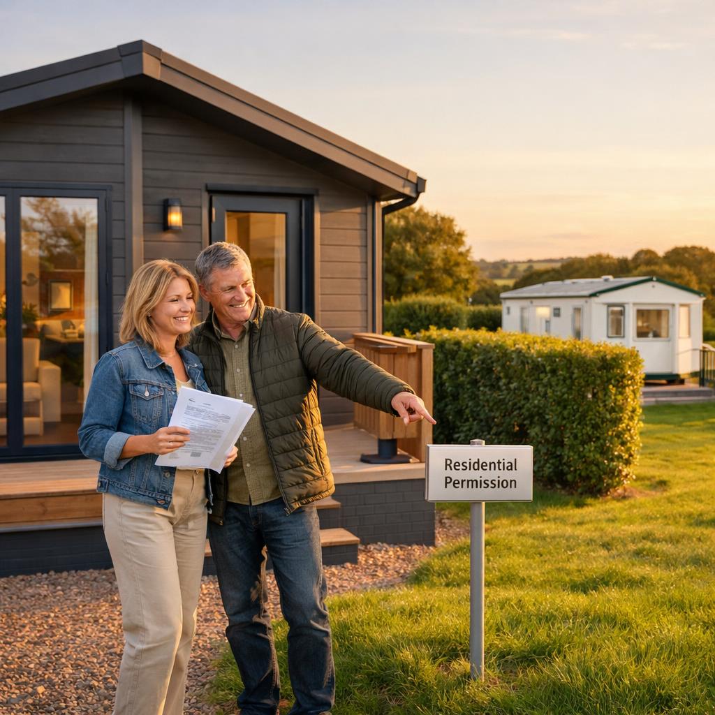 modern lodge with planning paperwork and sign