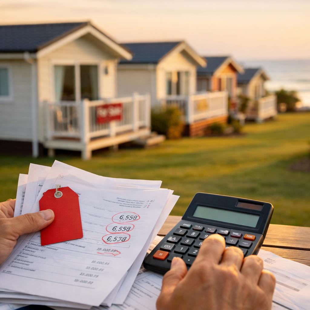 Holiday chalets row with calculator and price tags