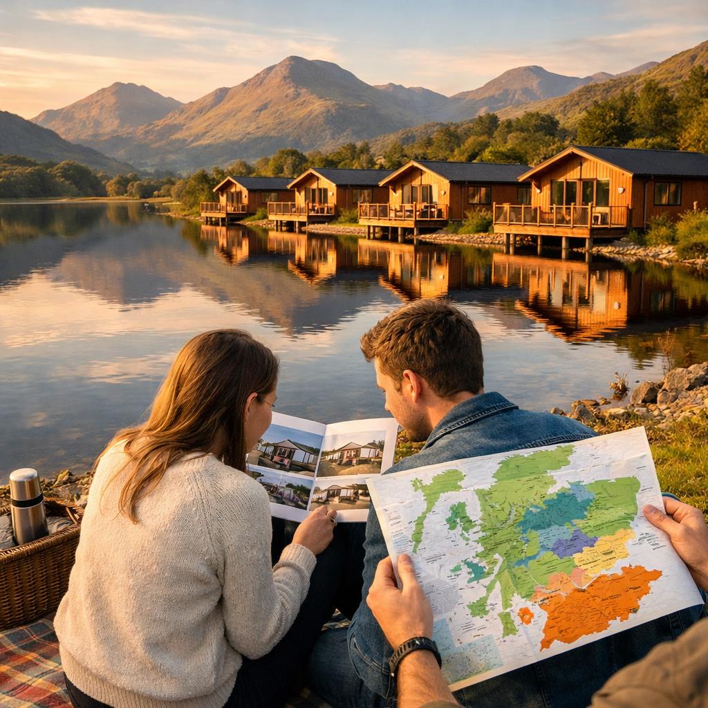Couple viewing lodge brochure at loch shore
