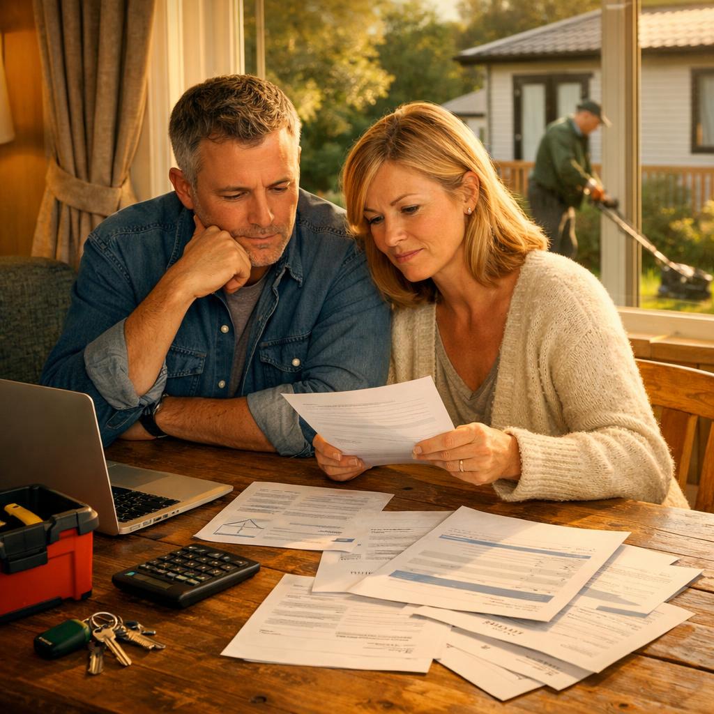 Couple reviewing lodge bills, invoices, maintenance checklist
