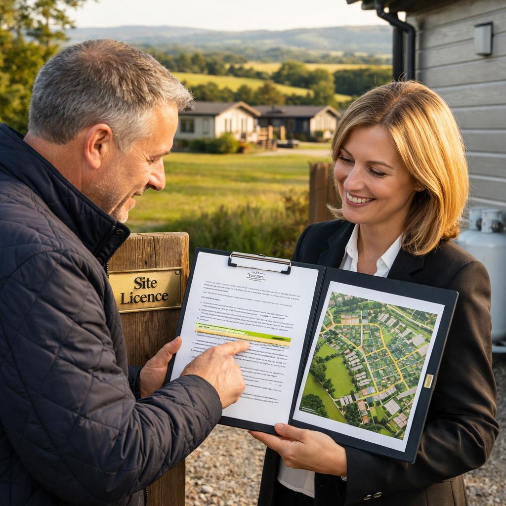 Buyer and agent reviewing park licence at lodge