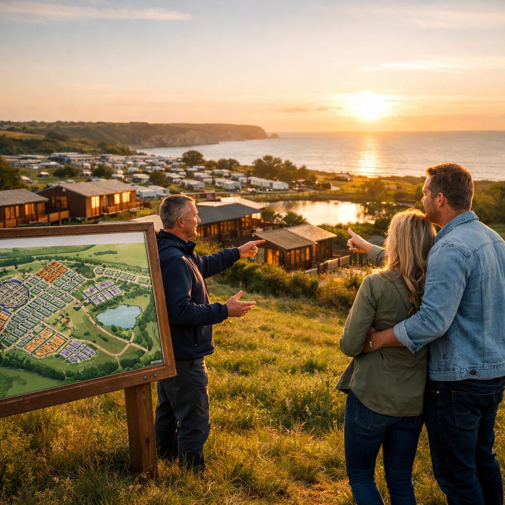 couple choosing holiday lodge location map at sunset