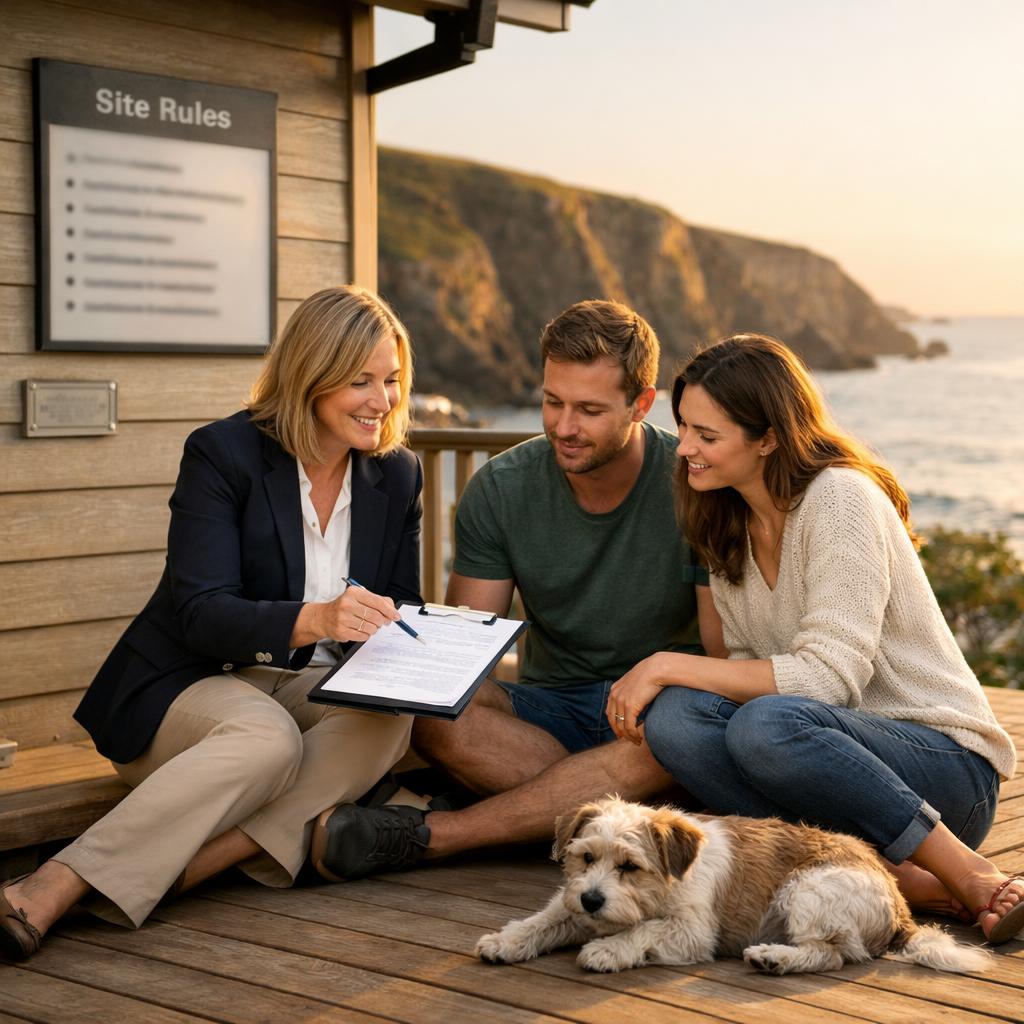 Buyers reviewing lodge site agreement in Cornwall