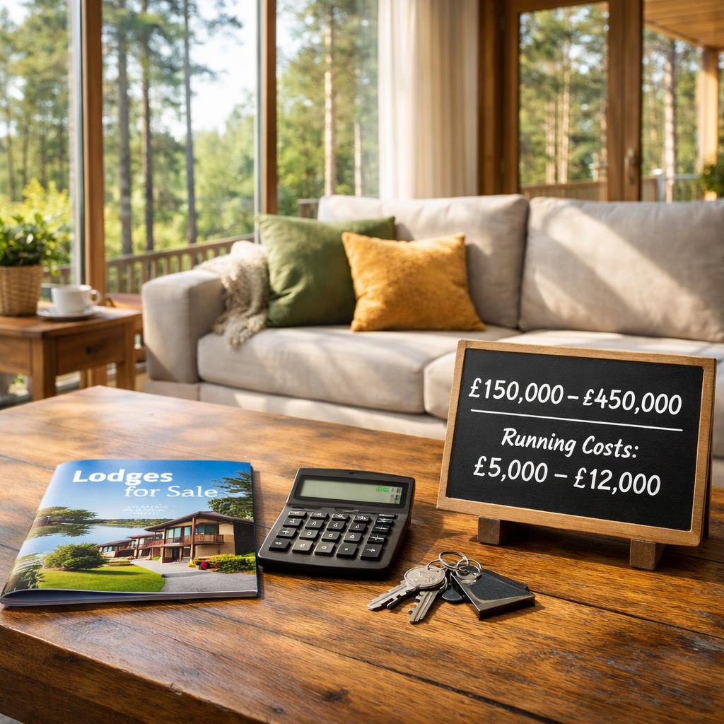 Luxury lodge interior with price brochure and calculator