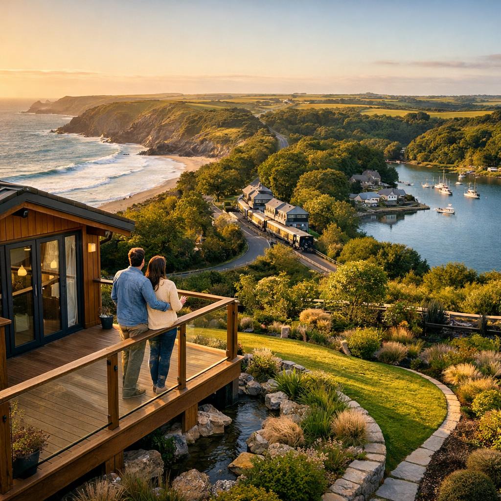 Couple overlooking Cornish coast near luxury lodge