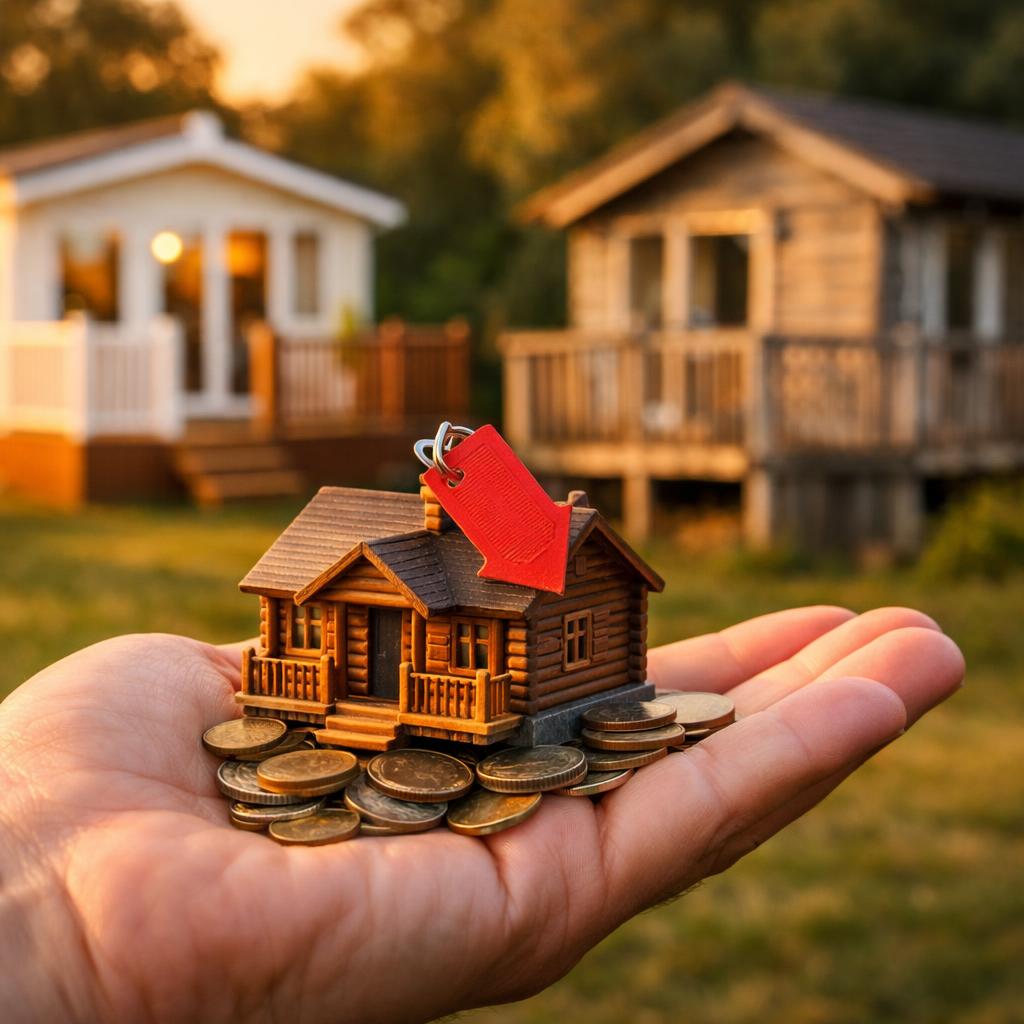 Miniature lodge with coins and downward price tag