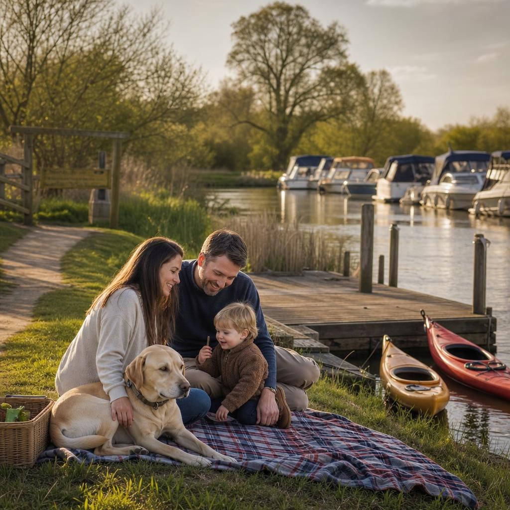 Family picnic on landscaped riverbank near marina