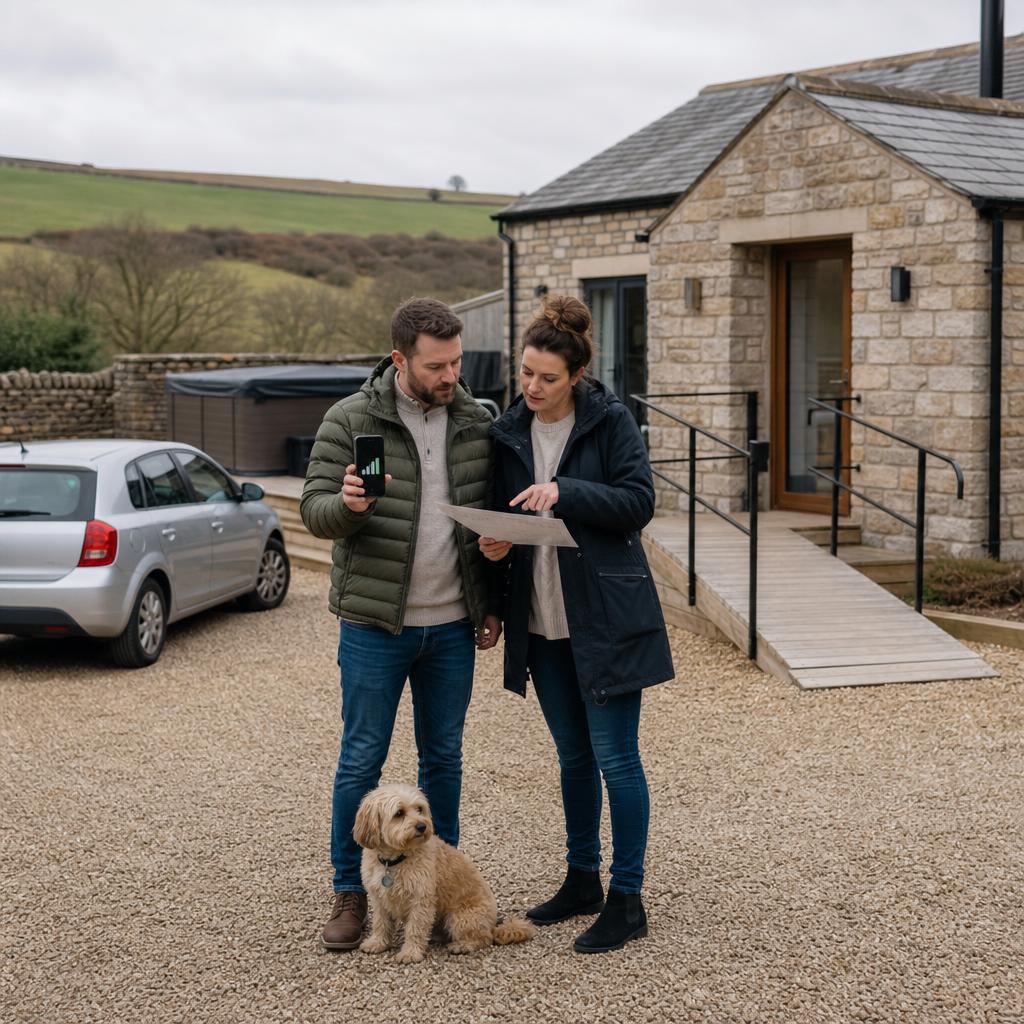 Couple checking details outside stone Derbyshire lodge