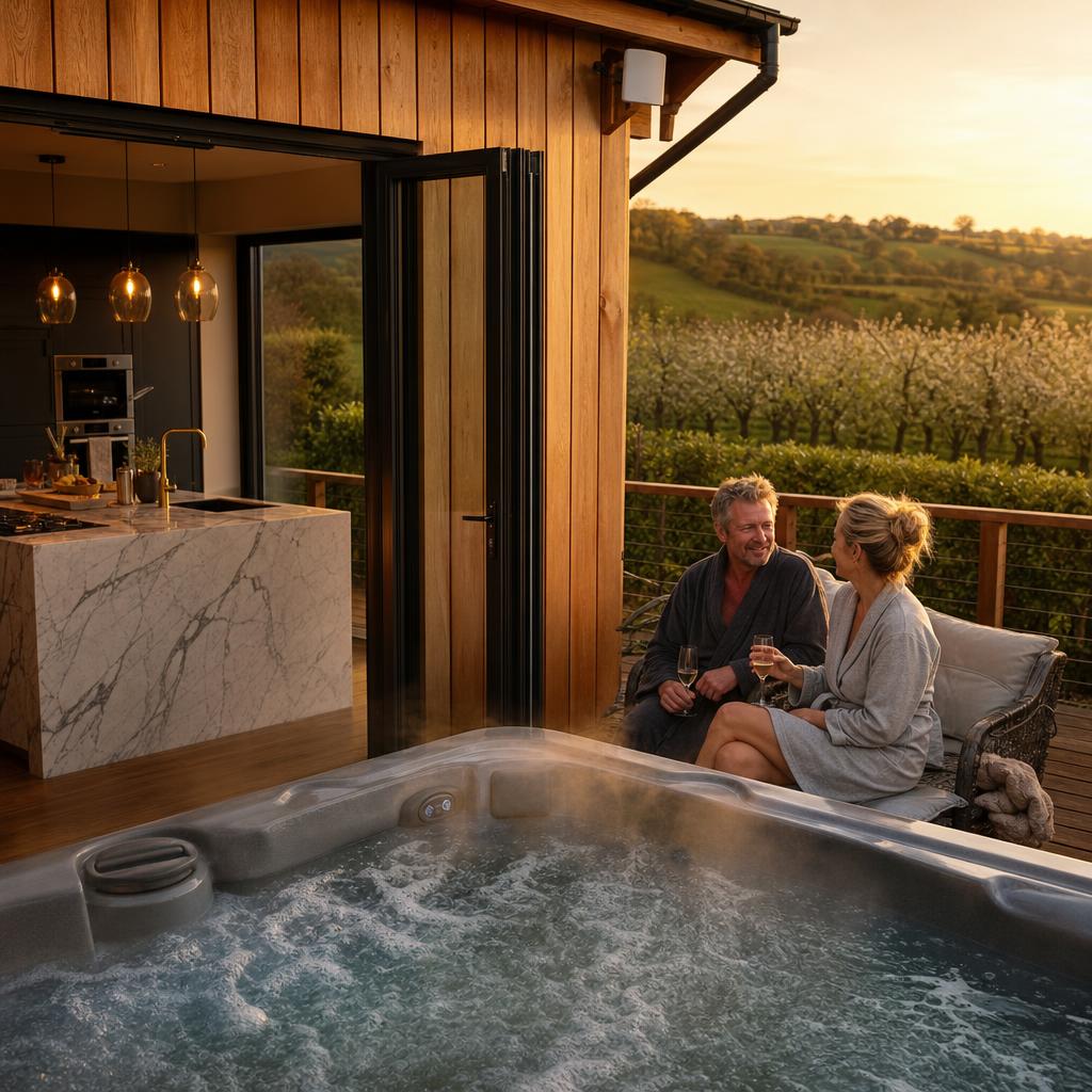 Couple on lodge terrace by hot tub and kitchen