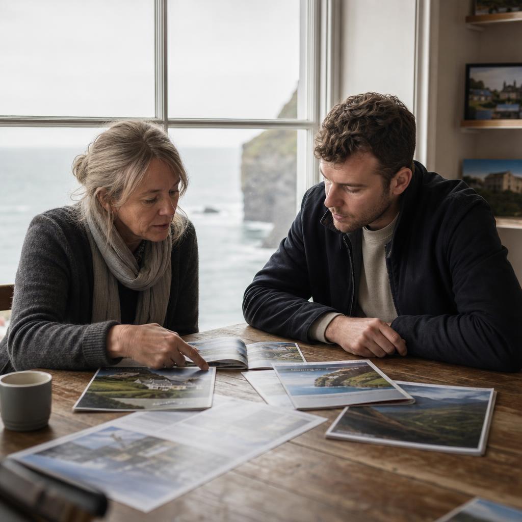 People comparing UK region brochures by seaside window