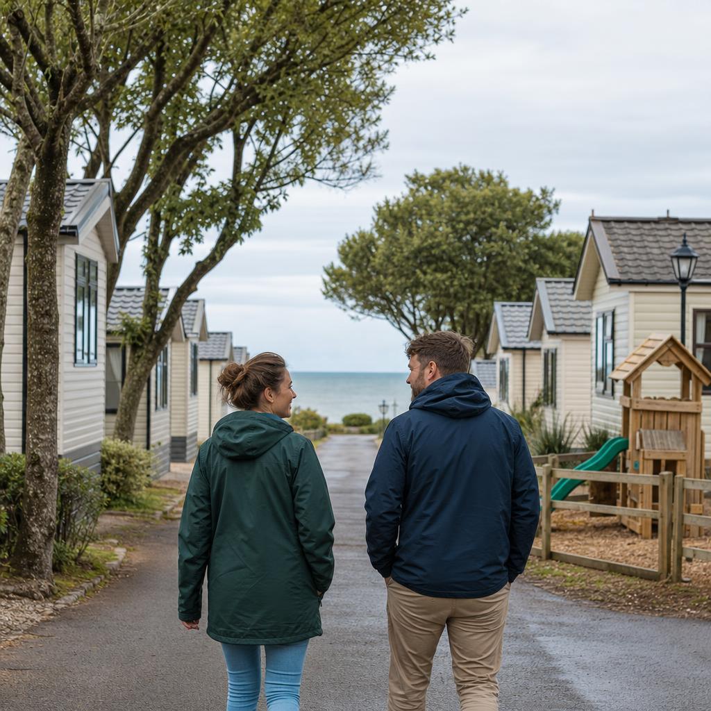 Couple walking between lodges at coastal park