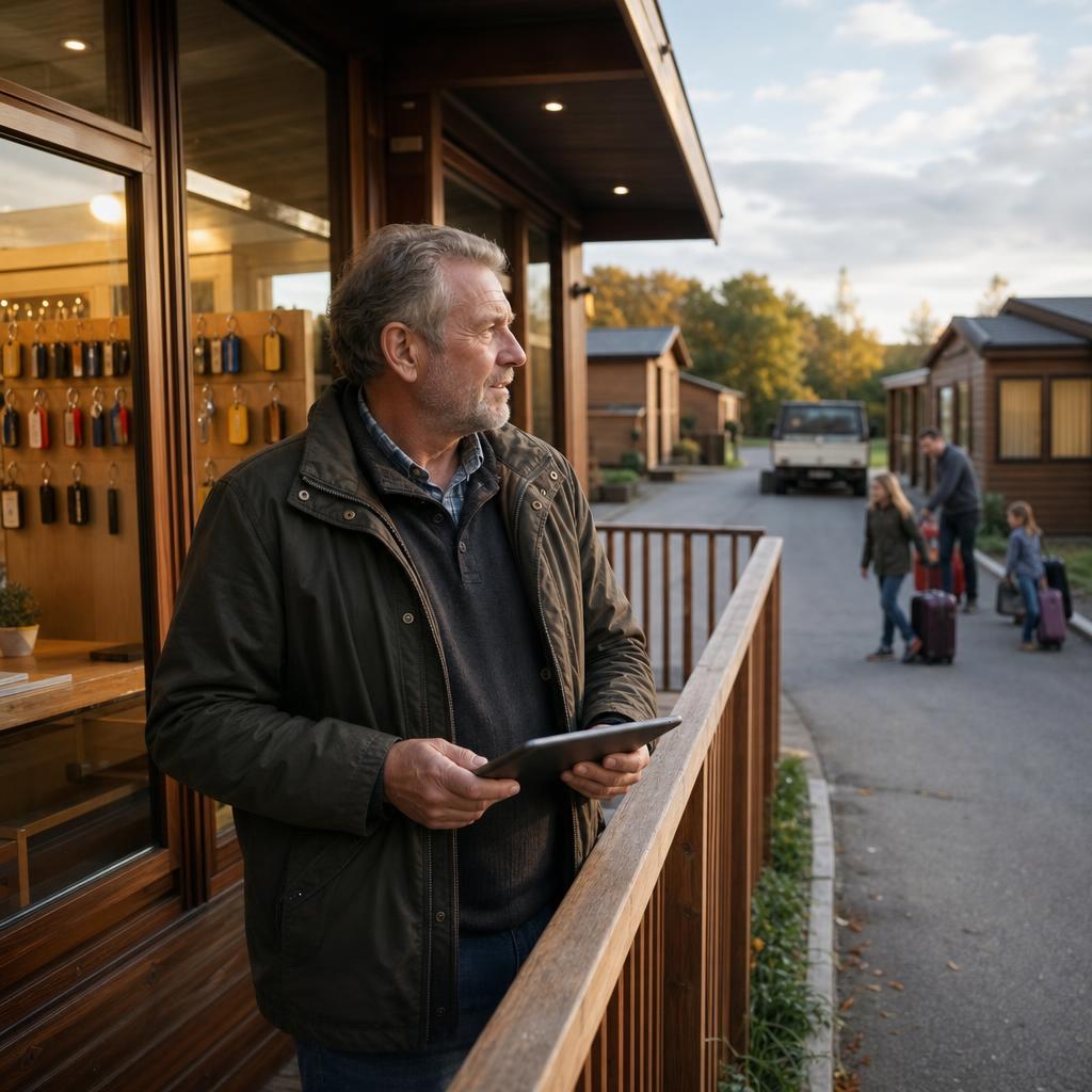 lodge owner on deck with family unloading nearby