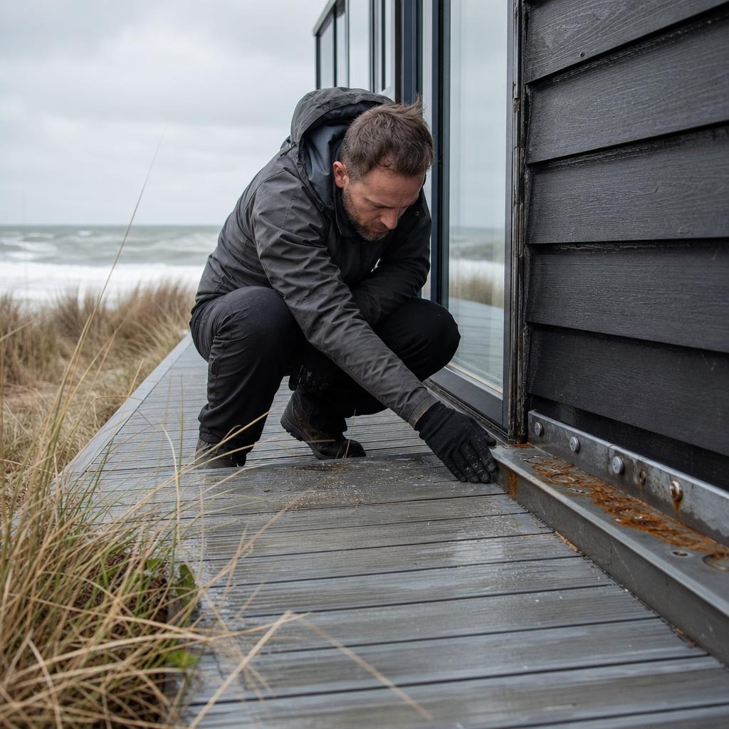 Contractor inspecting decking and salt damage by sea