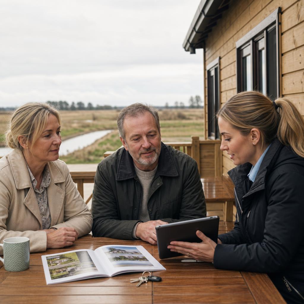 Couple reviewing lodge sale papers on decking