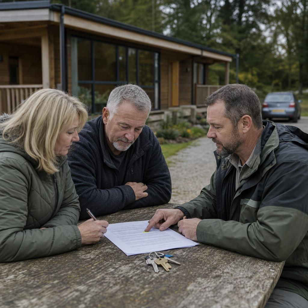 Couple and warden reviewing lodge licence paperwork