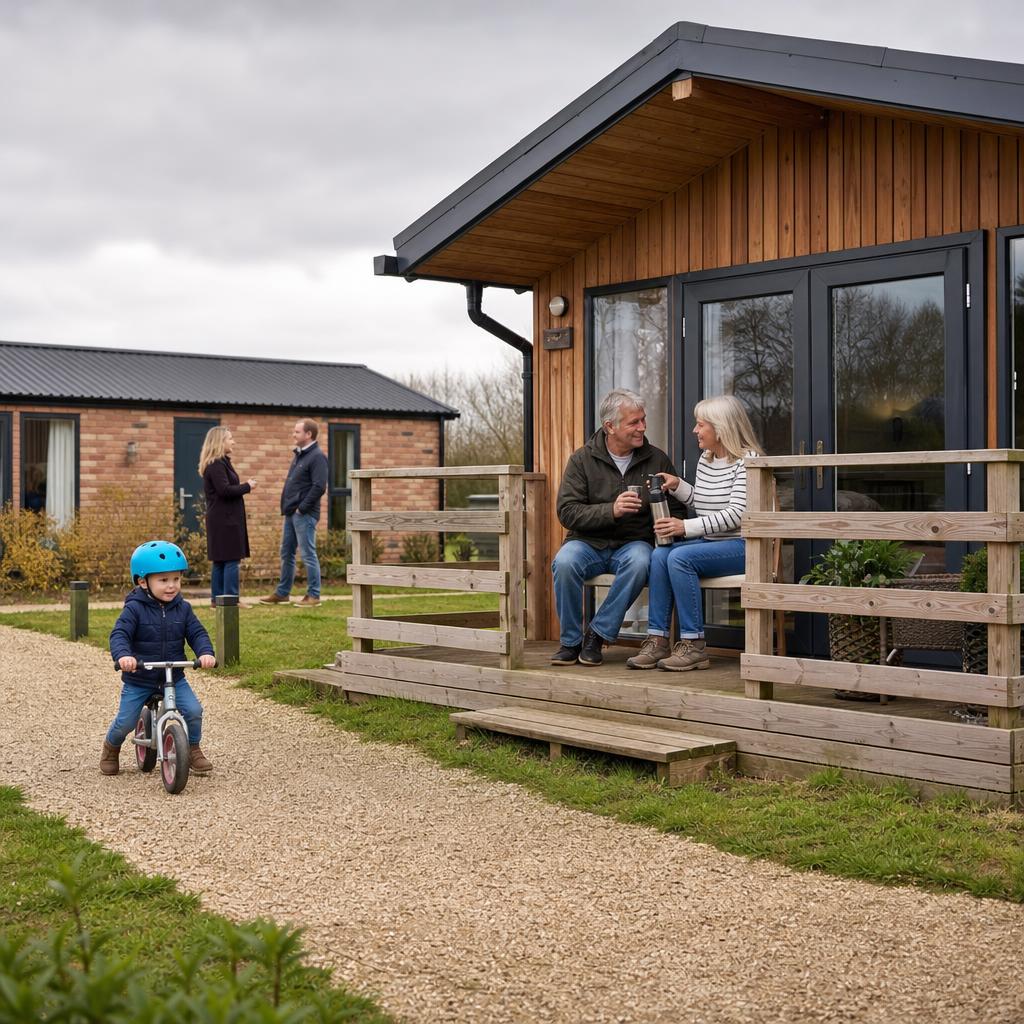 Couple and child outside timber‑clad lodge
