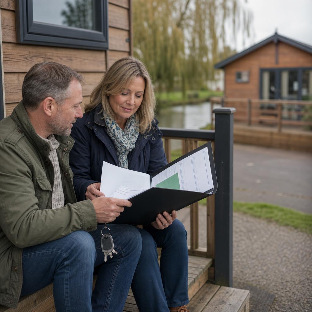 Couple on lodge steps with ownership pack and keys