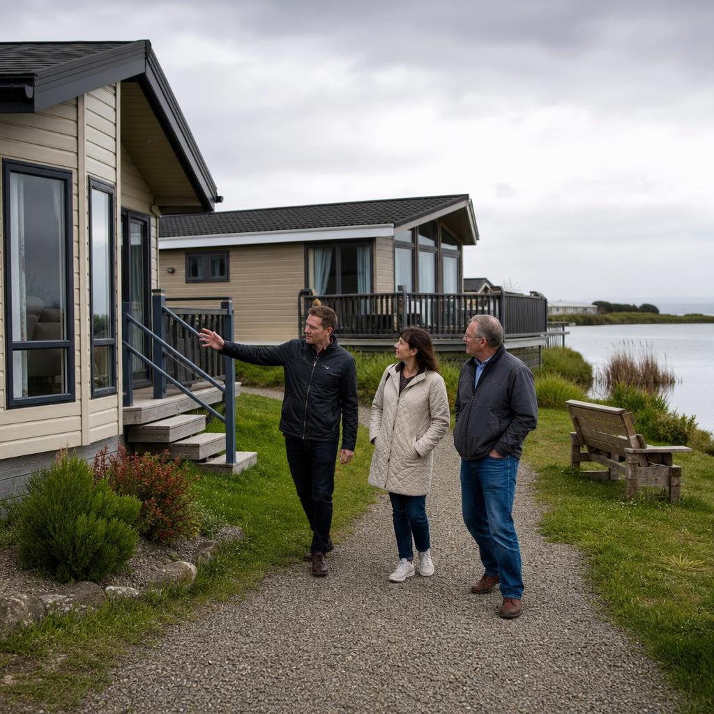Row of park homes from modest to lakeside luxury