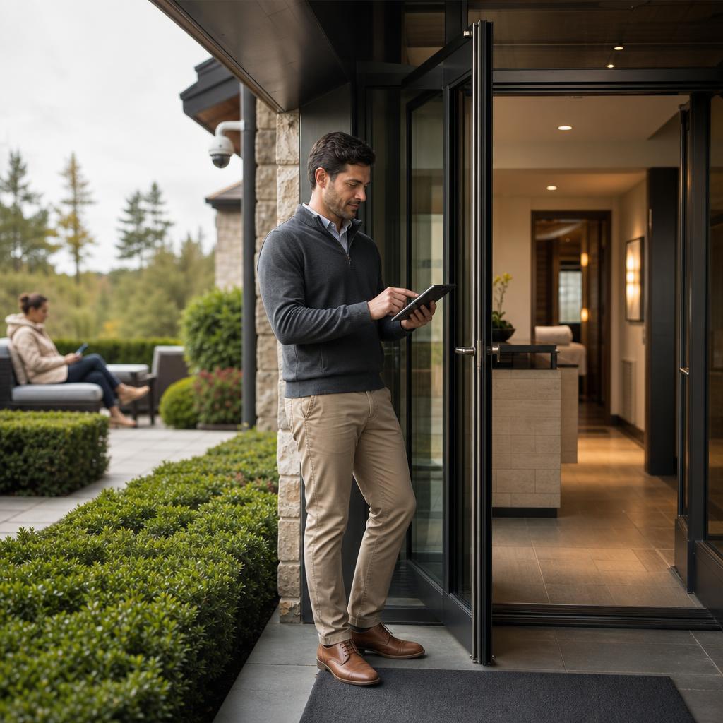 Concierge at lodge spa entrance with landscaped courtyard