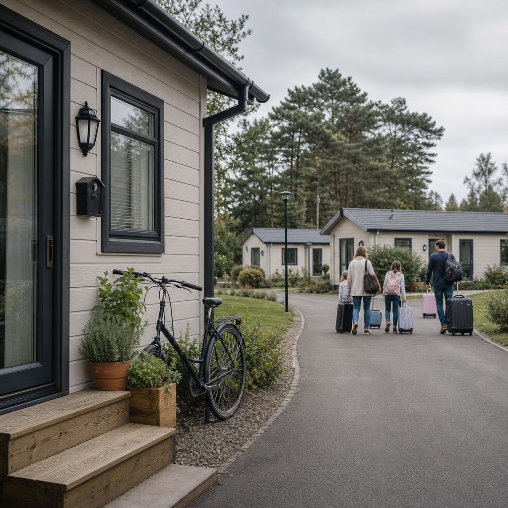 Residential park home with personal items and nearby holiday units