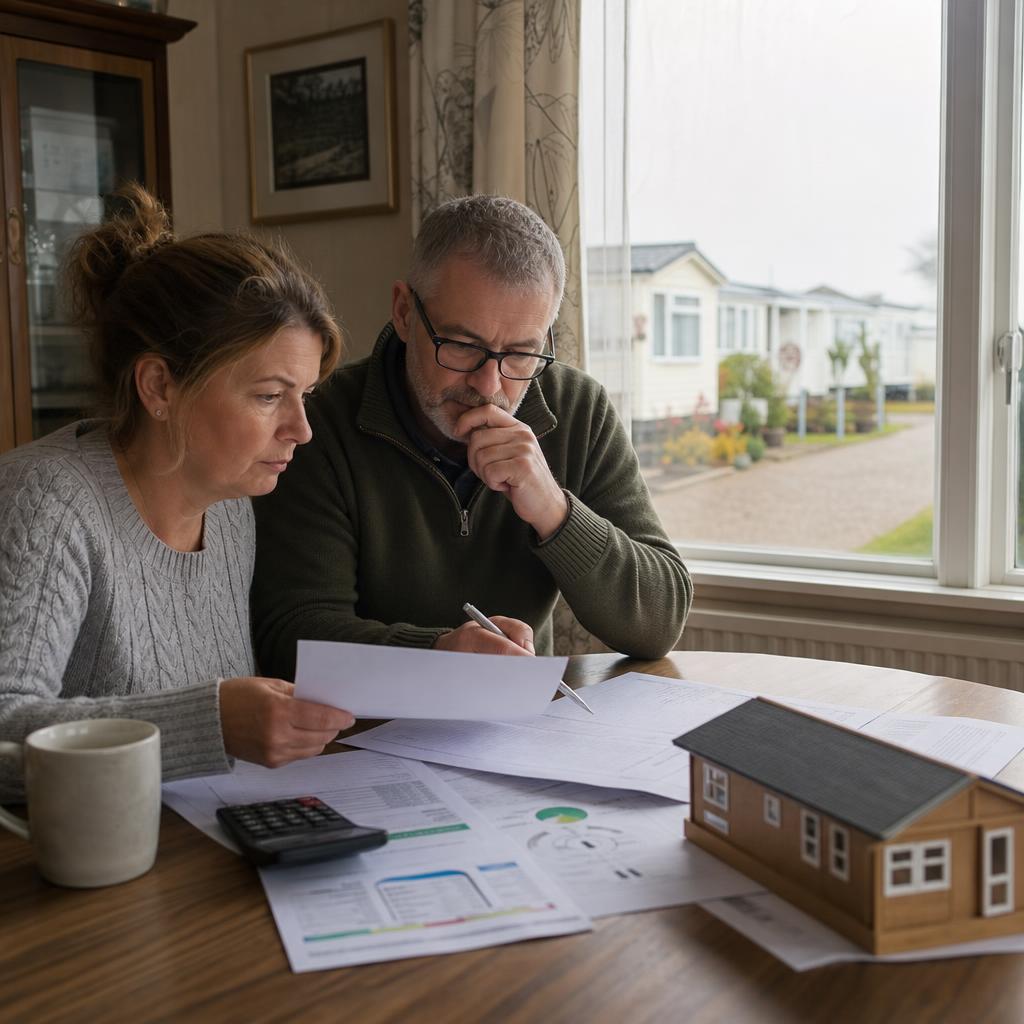 Couple reviewing park home purchase paperwork