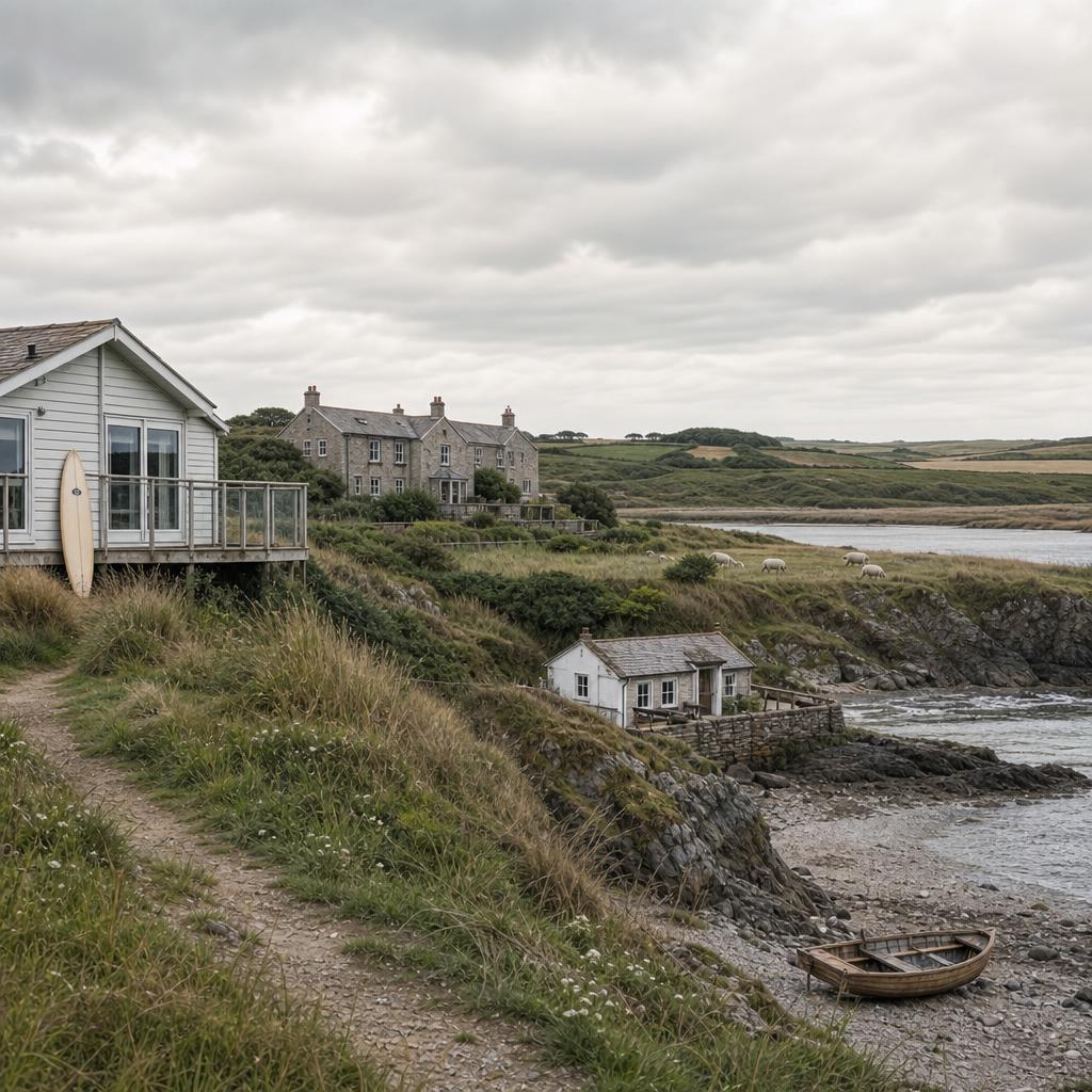 Three distinct Cornish lodges along coastline