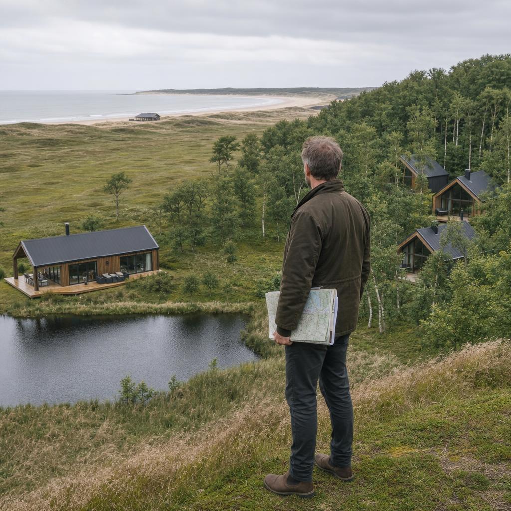 Park manager overlooks lake, woods, and coastline
