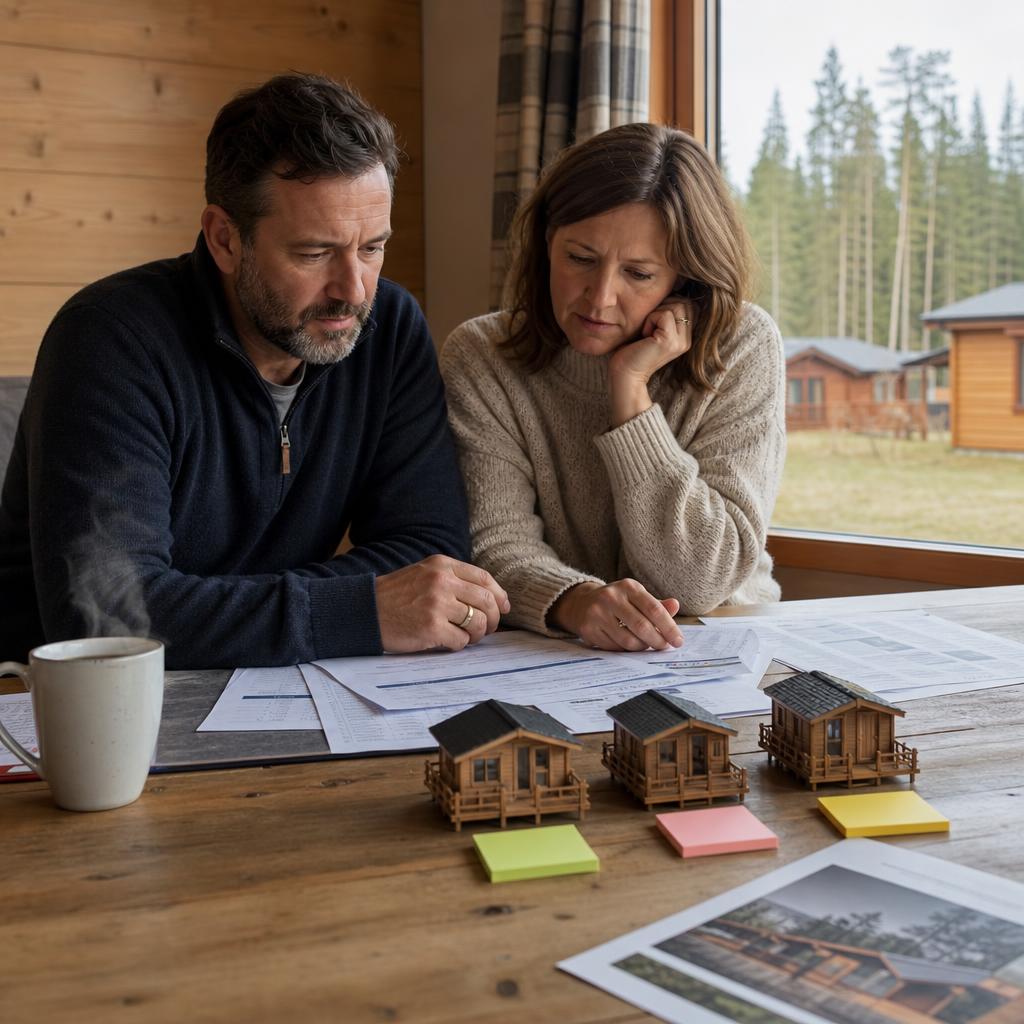 Couple at lodge table with spreadsheets and model lodges