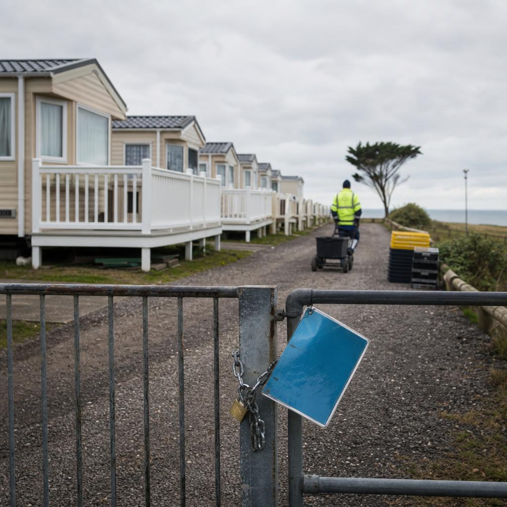 Empty holiday lodges with closed seasonal sign