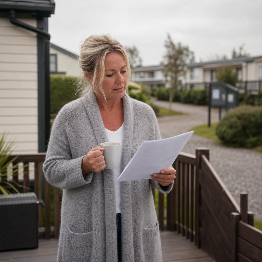 Person reading lodge occupancy paperwork on decking