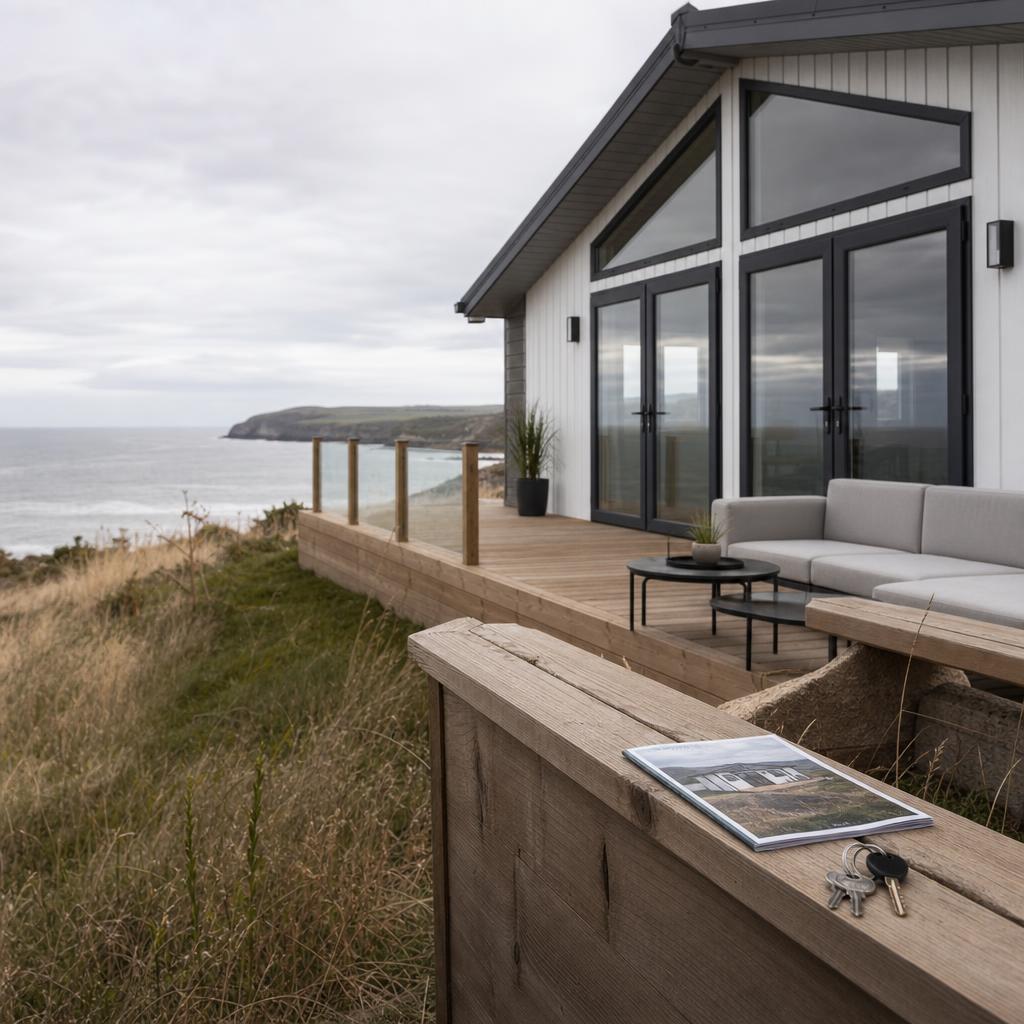 New luxury holiday lodge on Welsh coastal clifftop with brochure
