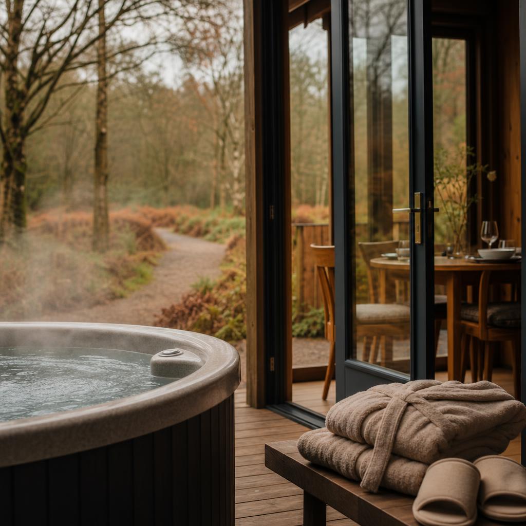 Private lodge terrace with hot tub, dining, woodland path