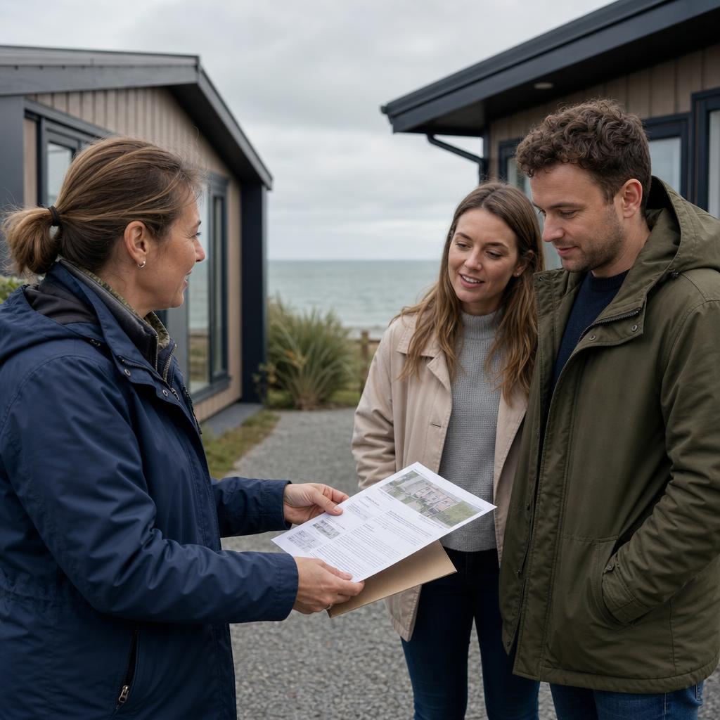 Consultant hands cabin spec sheet at holiday park