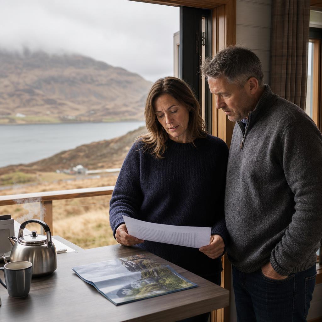 Couple in lodge doorway with site licence document