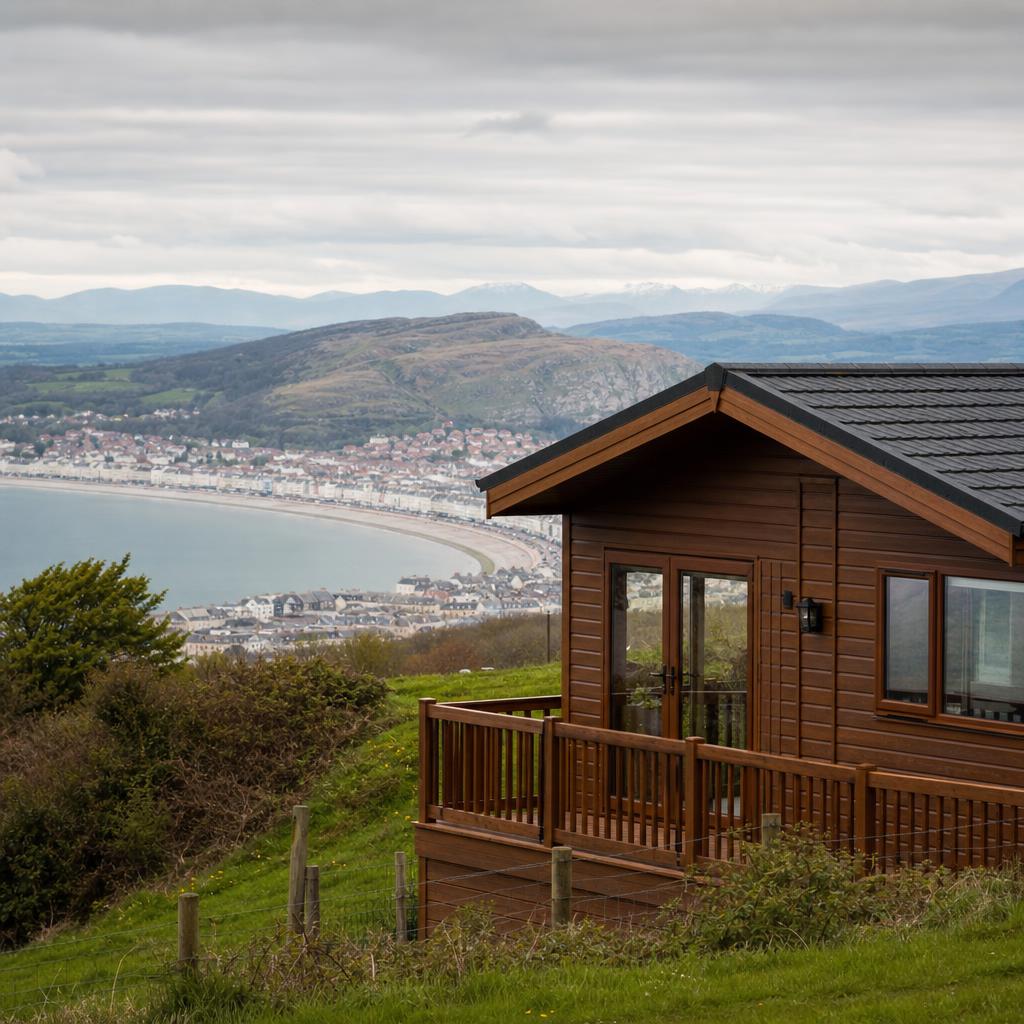 Wooden holiday lodge with Llandudno and hills background