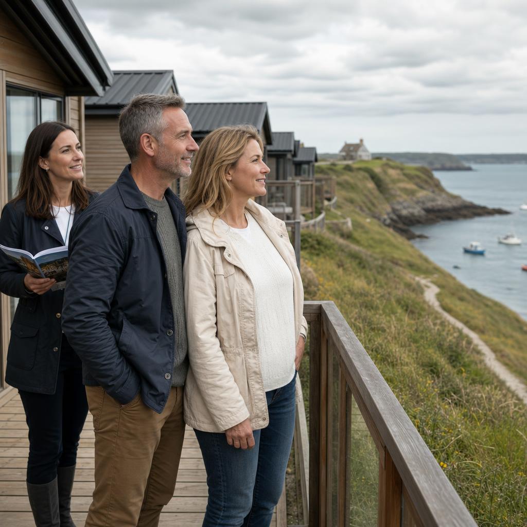 Couple on lodge deck overlooking Cornish coastline and lodges.