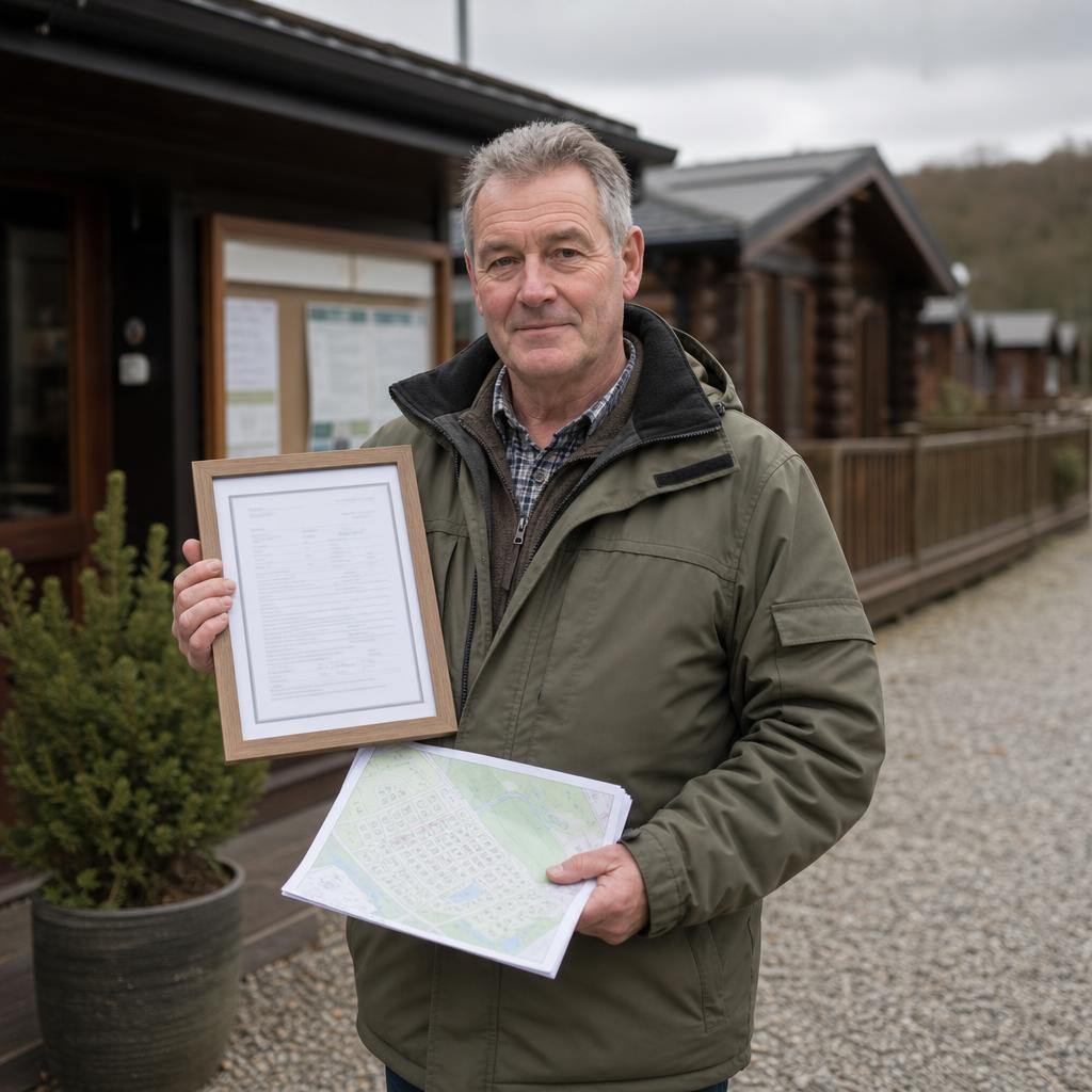 Park manager holding site licence outside holiday lodge