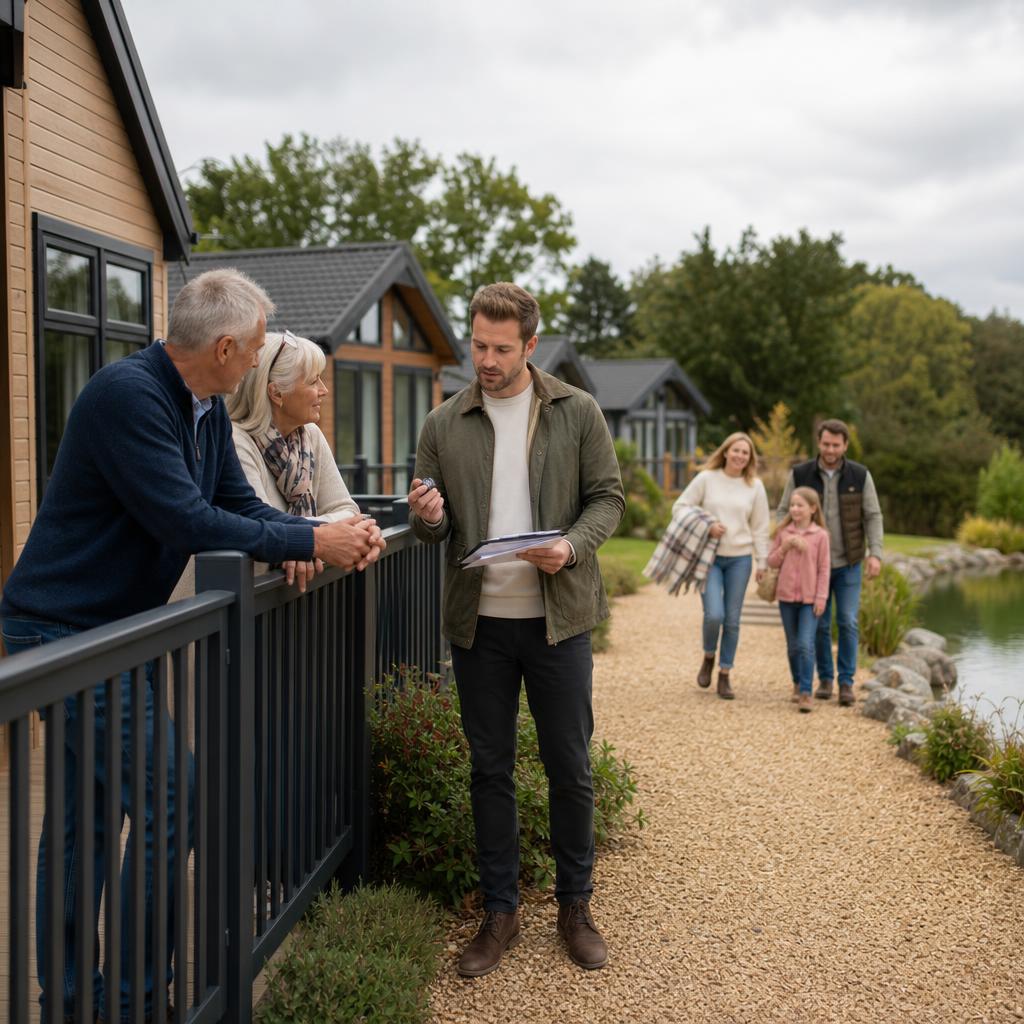 Three people discussing lodge ownership outside timber lodges